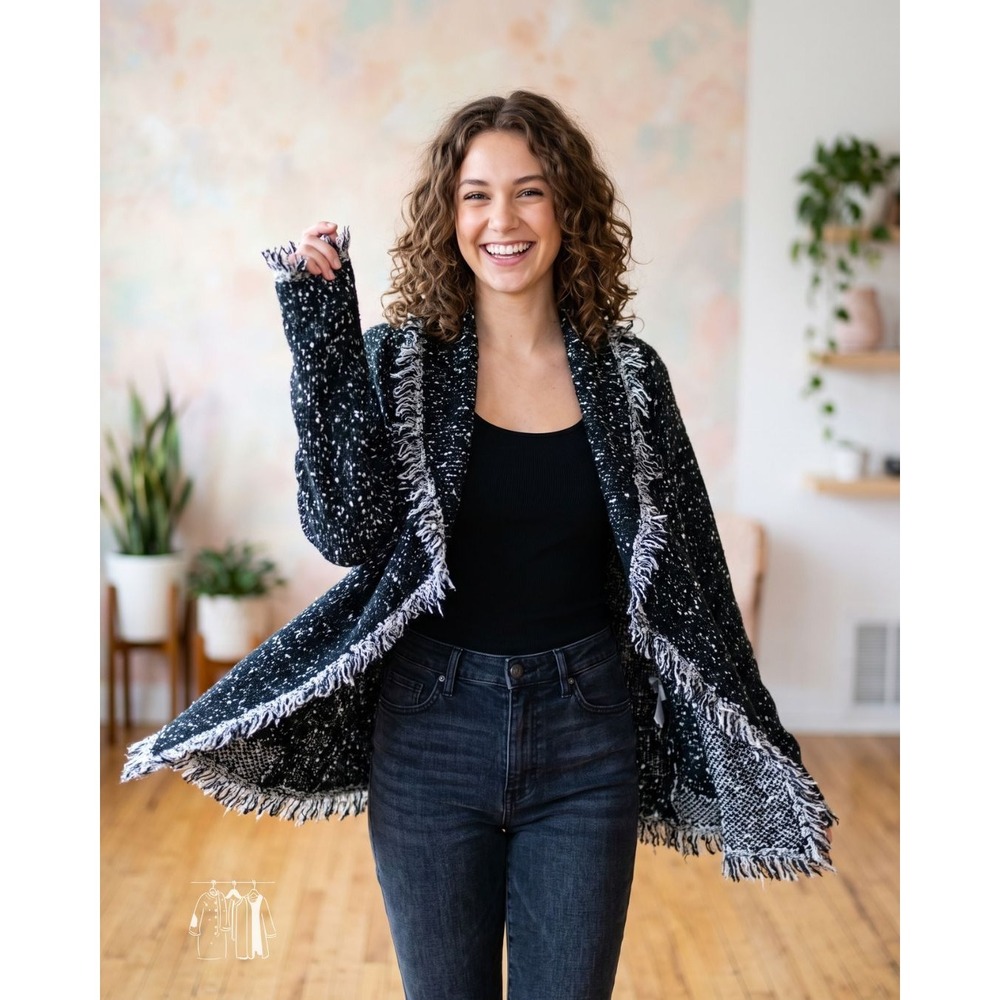 Max Studio Charcoal Grey Frayed Fringe Edge Open Front Draped Knit Cardigan